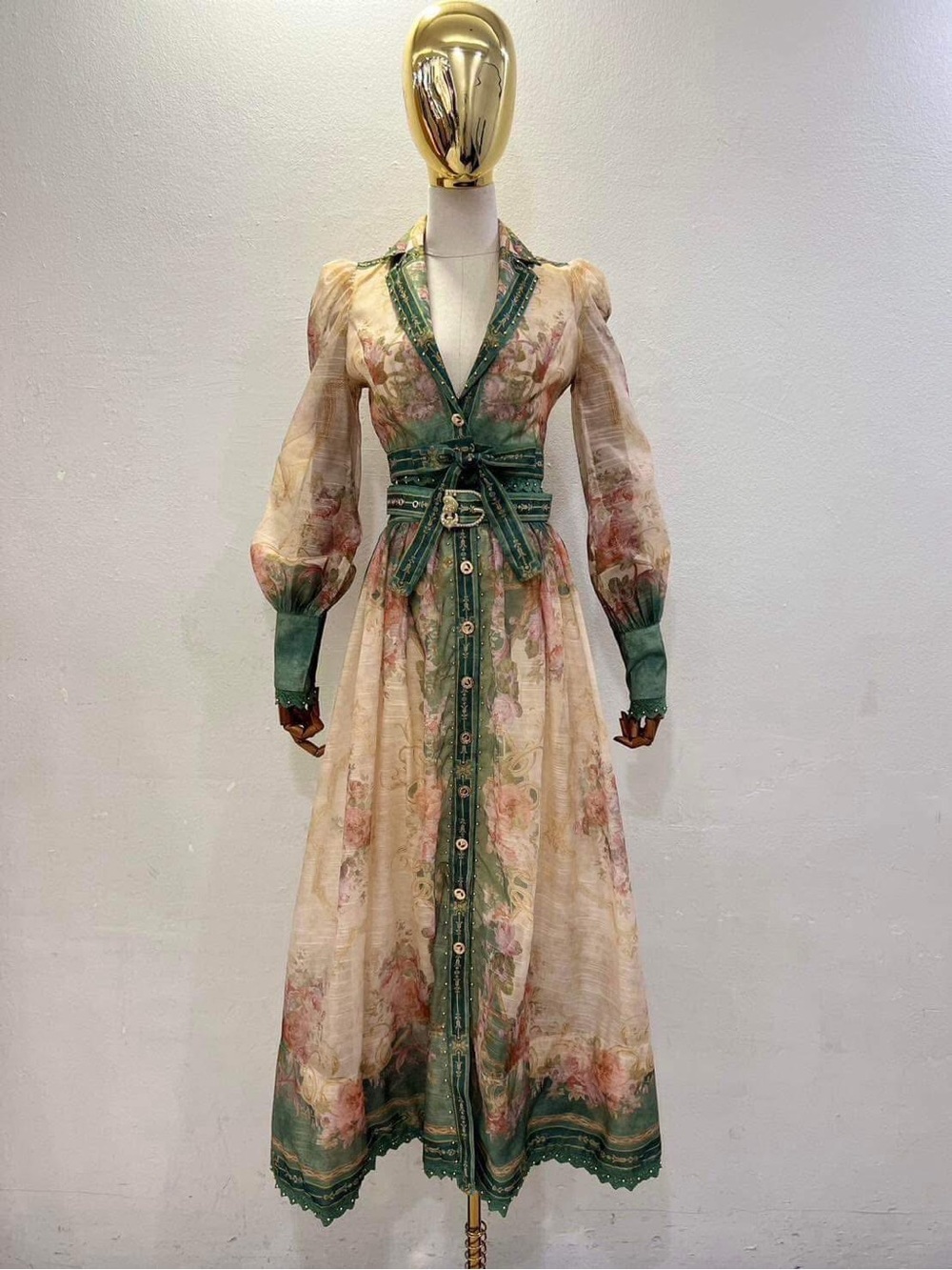 Blouse and Top Green Floral Belted set - Picture 1 of 2